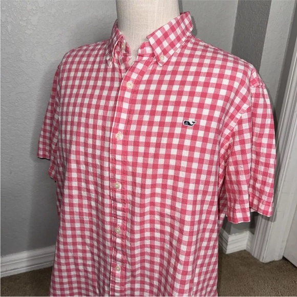Vineyard Vines Men's Short Sleeve Whale Shirt Pink White Checkered Button XL - Picture 5 of 8